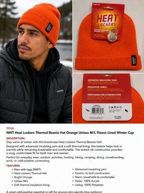Heat Lockers Thermal Beanie Hat Orange Unisex M/L Fleece Lined Winter Cap